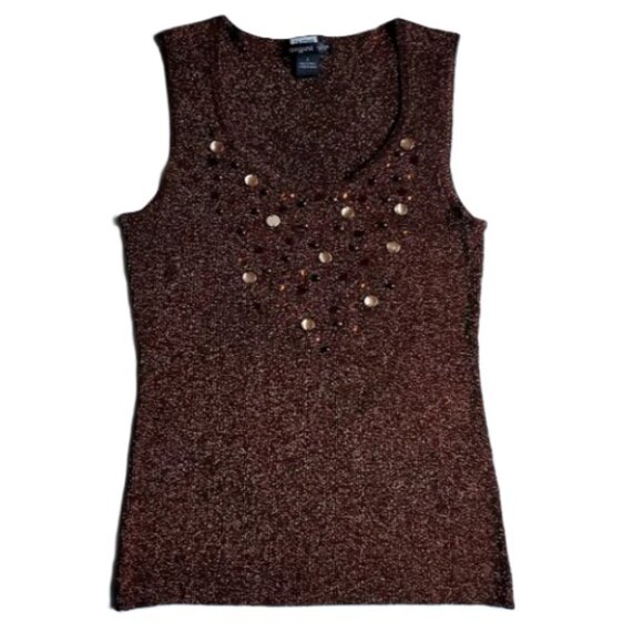 Women's Brown Metallic Beaded Tank Top Scoop Neck Dressy Casual Stretchy Glitzy - Picture 2 of 7
